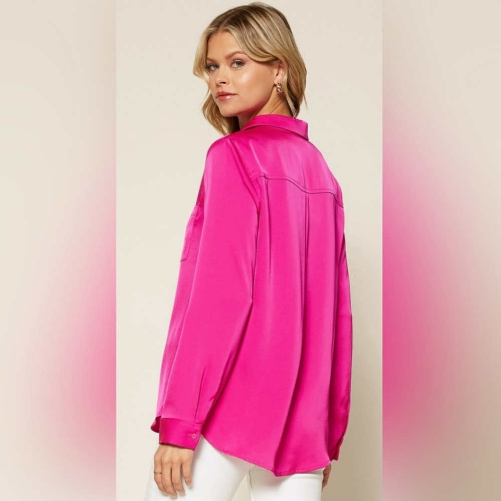 Dotti Hot Pink Satin Buttondown Shirt